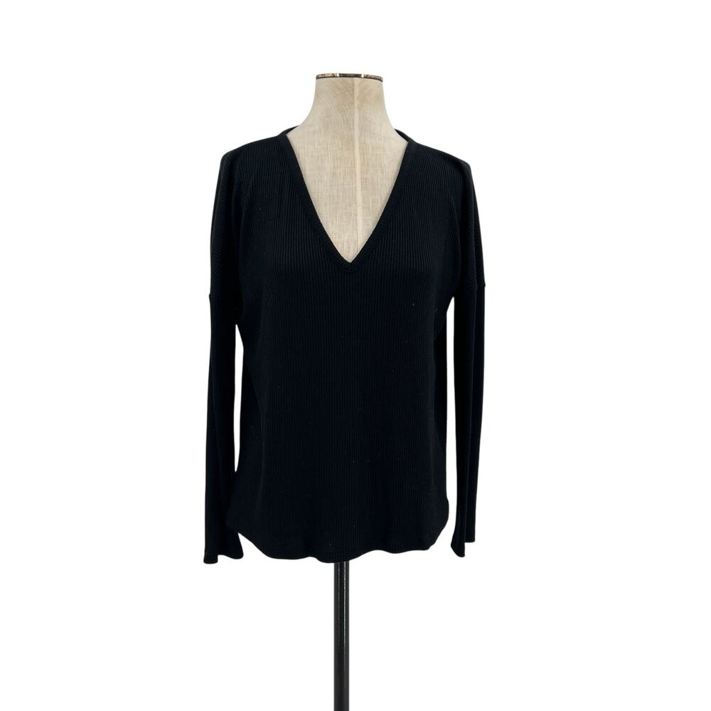 Rag & Bone Black Ribbed V Neck Long Sleeve Stretch Knit Tee Top Size Small